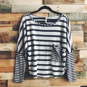gray/cream striped shirt with pocket